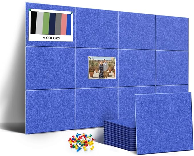 MISSDAY Blue Acoustic Wall Panel Felt Bulletin Board 48" x 36" Cork Board for Wall, 12-Pack Boards with 72 Removable Adhesive Tabs, 50 Pins, Pin Board for Home Office Classroom Soundproof Wall Tile