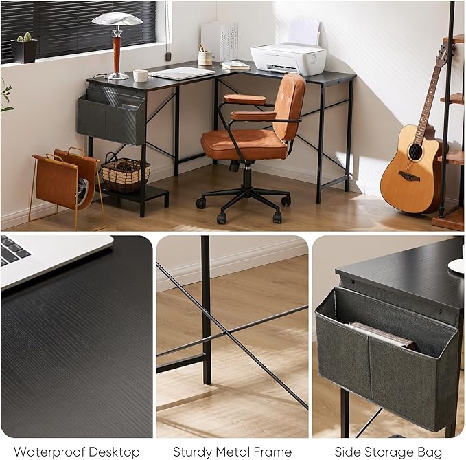 Sweetcrispy L Shaped Desk - Computer Desk Corner Desks Gaming Desk PC Table with CPU Stand Side Bag for Home Office Dorm Sturdy Writing Workstation, Black, 50-Inch