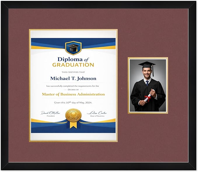 Diploma Frame With Photo Opening Matte Black Dark Red Over Gold Mat - Fits 11 x 14 Degree and Picture Made in the USA