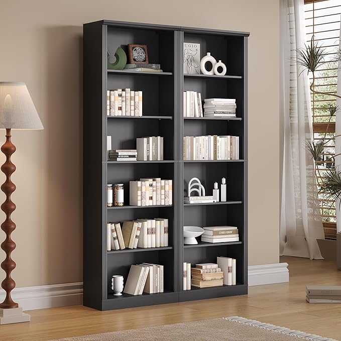 Tall Bookshelf, 6-Tier Bookcase with 2 Adjustable Shelves, Modern Farmhouse Storage for Living Room, Entryway, Office, 23.6" W x 74.8" H x 10.6" D, Black