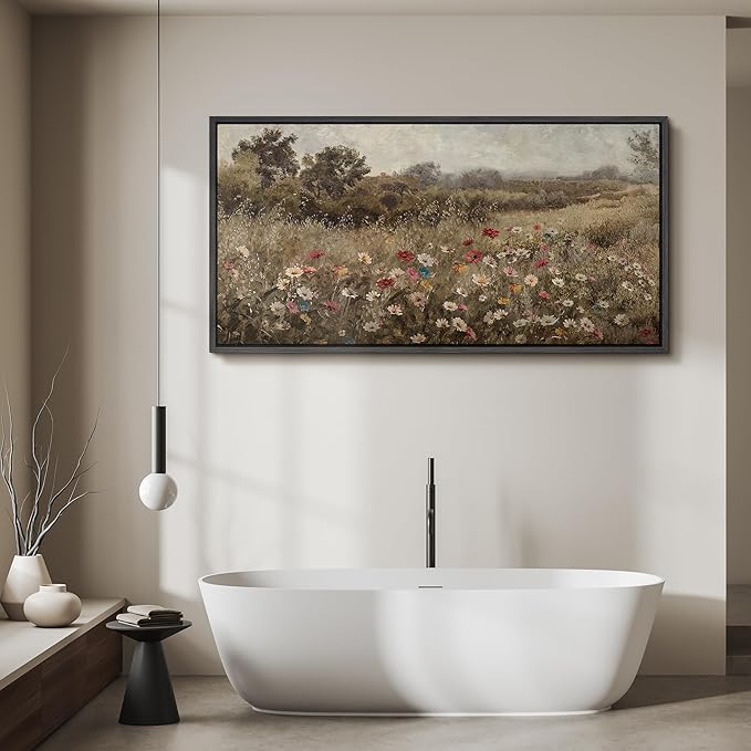 SIGNFORD Extra Large Framed Canvas Wildflower Meadow in Soft Fog Vintage Nature Illustrations Modern Art Calm Warm for Living Room, Bedroom, Office - 60"x30"