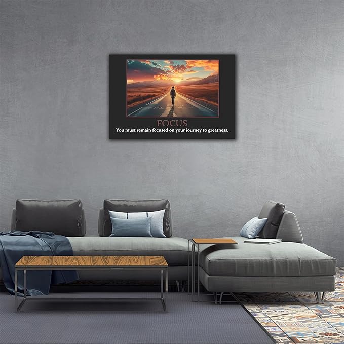 UZMKM - Inspirational Canvas Wall Art, FOCUS Mindset Quotes Man Walking in Road Picture Prints, Success Framed Company Poster, Positive Quotes Wall Painting for Home Office Workplace 32x48 Inch