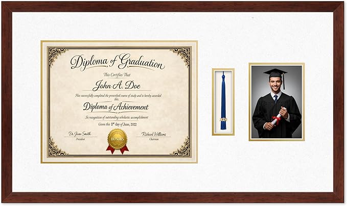 Diploma Tassel and Photo Frame Rustic Walnut Shadowbox Oyster Shell Over Gold Mat - Fits 14 x 11 Degree Picture Made in the USA