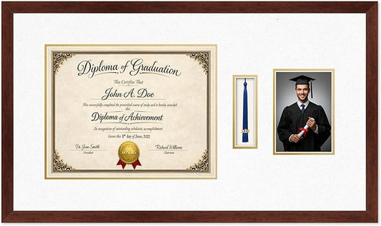 Diploma Tassel and Photo Frame Rustic Walnut Shadowbox Oyster Shell Over Gold Mat - Fits 14 x 11 Degree Picture Made in the USA