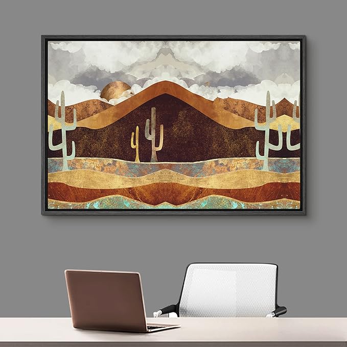 SIGNFORD Framed Canvas Print Wall Art Brown Desert Canyon with Cacti Abstract Wilderness Illustrations Modern Art Rustic Scenic Colorful for Living Room, Bedroom, Office - 16"x24" Black
