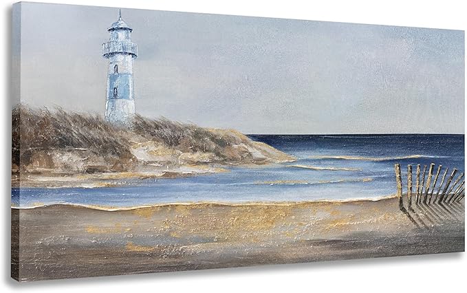Yuaxker Ocean Wall Art Blue and Gold Modern Wall Decor Ocean Beach and Beacon Landscape Canvas Painting Artwork for Living Room Bedroom Bathroom Office 24x48 inch