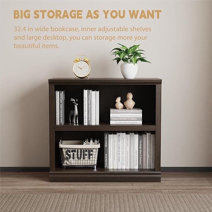 blini Bookshelf and Bookcase Set of 2, Cherry Wood Double Wide Large Bookshelves 2 Tier Wooden Bookshelf with Storage Cabinets for Living Room, Home Office, Library (Cherry Wood, 2 - Shelf)