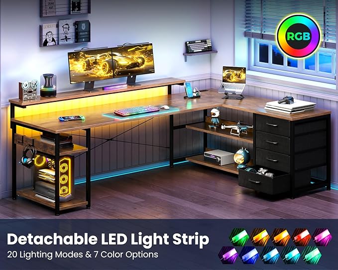 AODK 69" L Shaped Desk with Drawer, Computer Desk with Power Outlets & LED Lights, Reversible Corner Gaming Desks for Home Office Workstation, Office Table with Monitor Shelf, Vintage