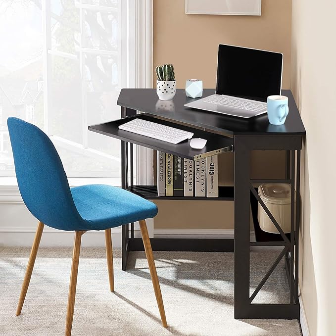 VECELO Corner Computer Desk 41 x 30 inches with Smooth Keyboard & Storage Shelves for Home Office Workstation, Black