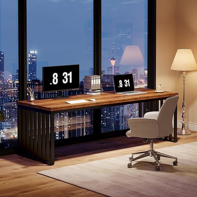 Tribesigns 2-Person Desk with Metal Frame, 78.74" Double Desk for Two People, Industrial Long Computer Writing Table for 2 People Home Office (Oak)