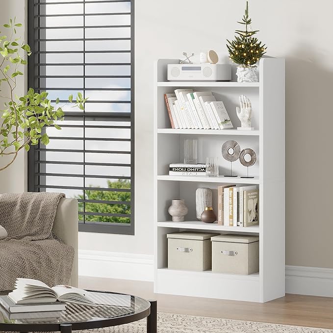 5-Shelf Multi-Functional Modern Wood Bookcase with Curved Design, Dust-Proof Baffle, and Sturdy Construction for Home Office, White