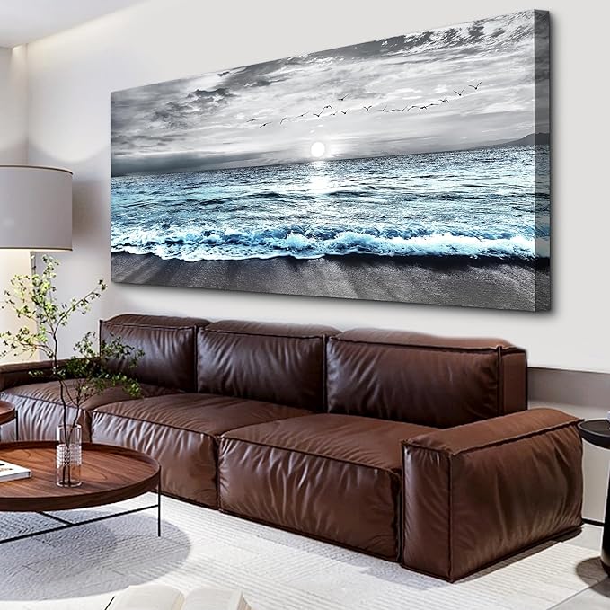 Lapremoly Large Canvas Wall Art - Black And White Beach Wall Painting, Blue Ocean Sea Wave Pictures, Stretched and Framed Modern Artwork For Living Room, Bedroom, Office Wall Decor