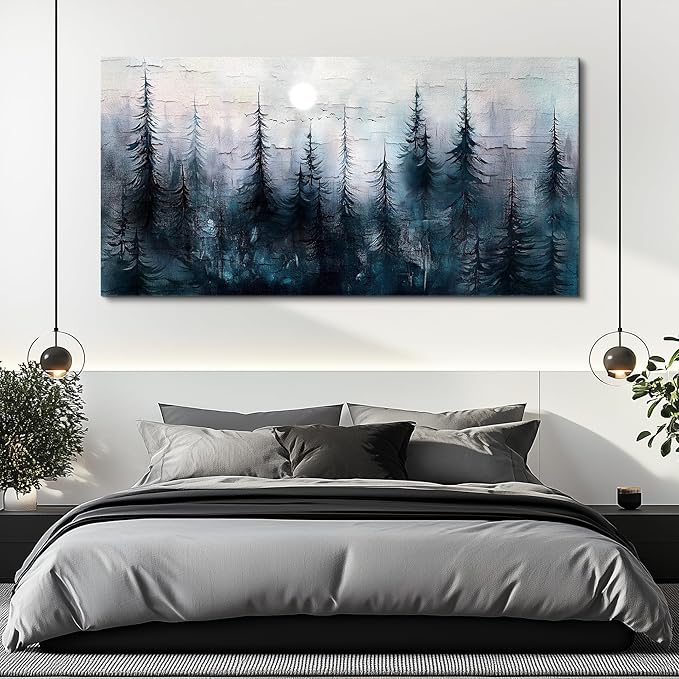Canvas Wall Art for Living Room Framed Wall Decor for Bedroom Office Modern Wall Decoration Foggy Forest Landscape Paintings Black and White Picture Artwork Aesthetic Home Decor 20"X40"