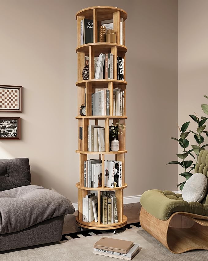 Rotating Bookshelf, 6 Tier Solid Wood Bookshelf Tower with Lockable Wheels, 360° Spinning Revolving Bookcase for Small Spaces, Corners, Bedroom, Kids Room, Home Office, Natural