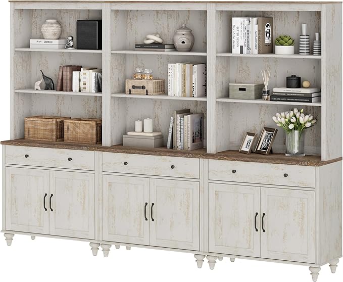WAMPAT Set of 3 Rustic White Bookcase with Doors & Drawers, 5 Tier Bookshelf, 72'' Tall Book Case Shelf, Large Wood Bookcases Farmhouse Bookshelves for Living Room Bedroom Home Office Kitchen