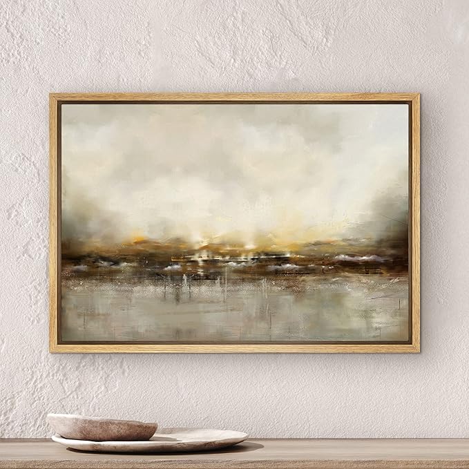 SIGNWIN Framed Canvas Wall Art Dramatic Golden Landscape by The Sea on a Cloudy Day Coastal Ocean Oil Painting Abstract Modern Closeup for Living Room, Bedroom, Office - 16"x24" Natural
