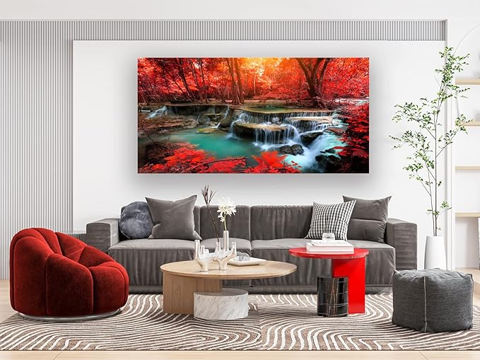 Muolunna BK03975 Wall Art Decor Canvas Print Picture Red Forest Waterfalls 1 Piece Modern Landscape Tree for Living Room Bedroom Kitchen Office Home Decorations Stretched and Framed Ready to Hang