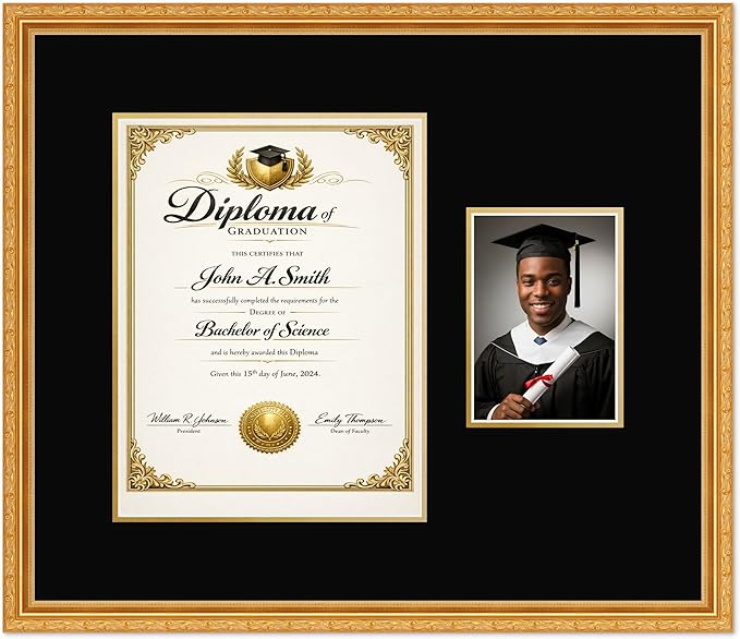 CountryArtHouse Fits 10 x 13 College Diploma (Portrait Traditional) and 5 x 7 Phot Diploma and Photo Frame Museum Gold Genuine Hardwood with Black Over Metallic Gold Double mat