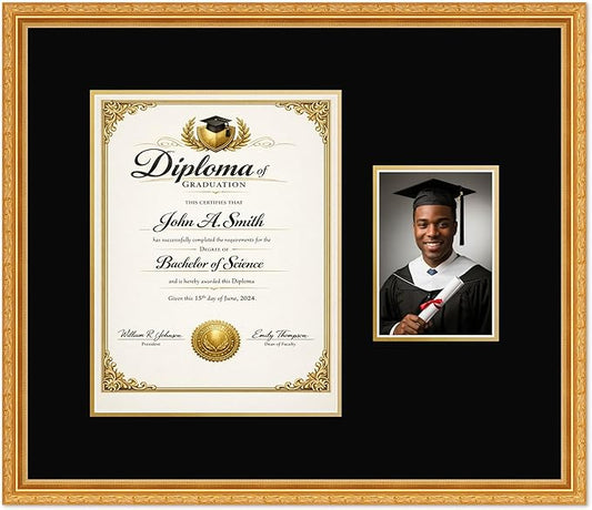 CountryArtHouse Fits 10 x 13 College Diploma (Portrait Traditional) and 5 x 7 Phot Diploma and Photo Frame Museum Gold Genuine Hardwood with Black Over Metallic Gold Double mat
