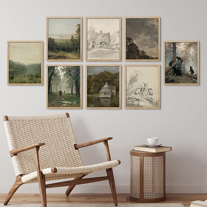 SIGNWIN Framed Poster Wall Art Set of Vintage Landscape, Sketches Art, Rustic Framhouse Decor for Living Room, Bedroom, Office - 8"x10"x 8 Natural