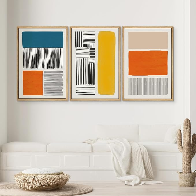 SIGNWIN Framed Canvas Print Wall Art Set Mid-Century Bright Color Block Collage Abstract Shapes Illustrations Minimalism Bohemian Decorative for Living Room, Bedroom, Office - 24"x36"x3 Natural