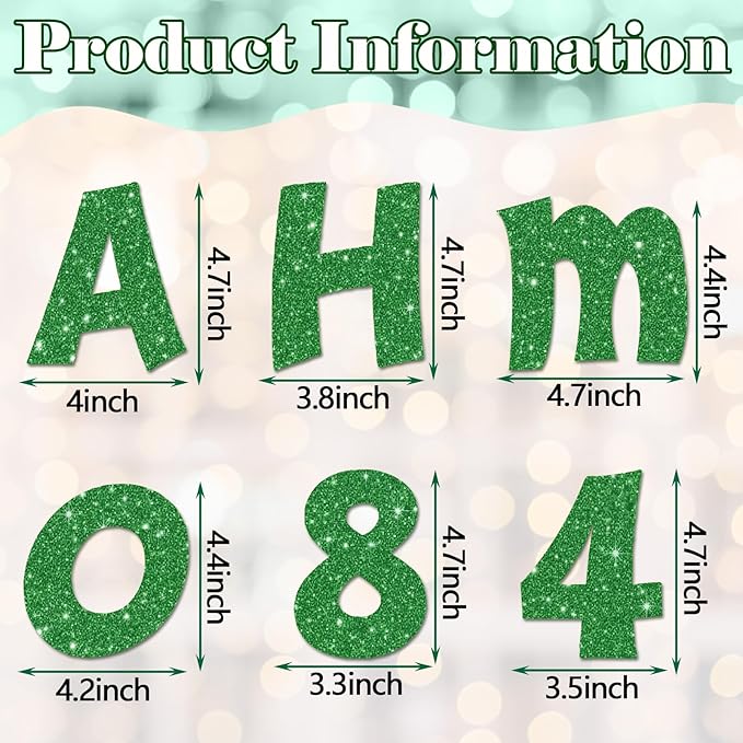 Colarr 216 Pcs Glitter Bulletin Board Letters for Classroom Number Alphabet Punctuation Symbol Cutout 4'' Die-Cut Poster Letter with Adhesive Dot School Party Holiday Decor Display(Green)