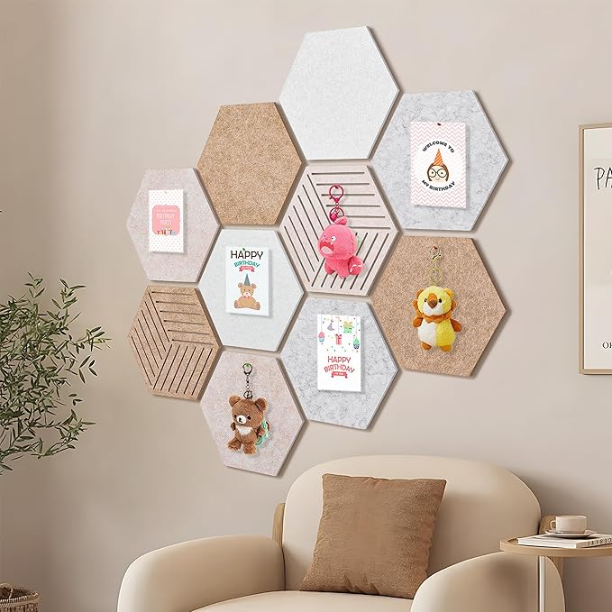 Fwpelt 12'' Large Hexagon Cork-Bulletin Board Tiles Adhesive 10 Pack Frameless Corkboard Hexagonal Prayer Vision Cork Board for Office Wall Decor, Hex Tack Pinboard with 30 Push Pins