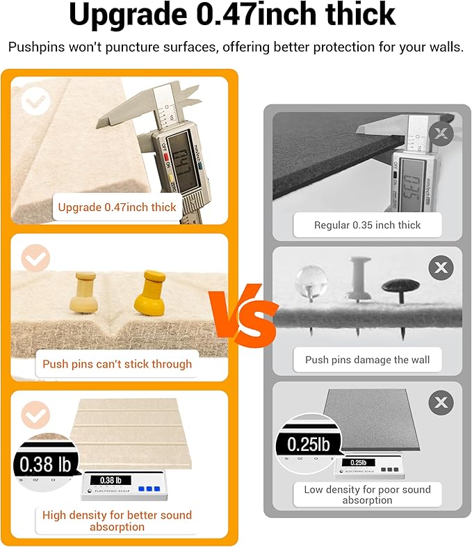1/2" Thick Cork Board for Office, 6 Pack Felt Wall Tiles -28"x18" with Safe Adhesive Tabs, Large Bulletin Board, Push Pin Board Organizer Wall - Beige