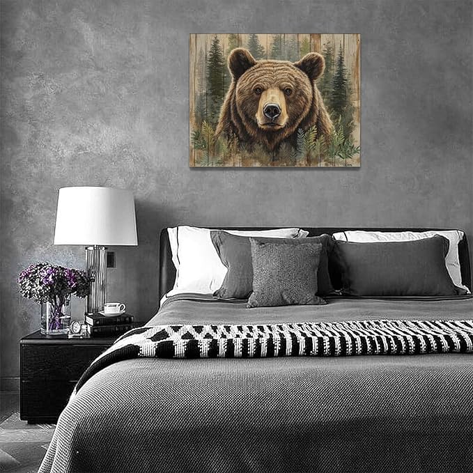 Farmhouse Bear Wall Art Rustic Forest Pictures Decor Woodland Wildlife Painting Canvas Print Modern Home Decoration Artwork for Living Room Bathroom Bedroom Office Framed 16"x12"