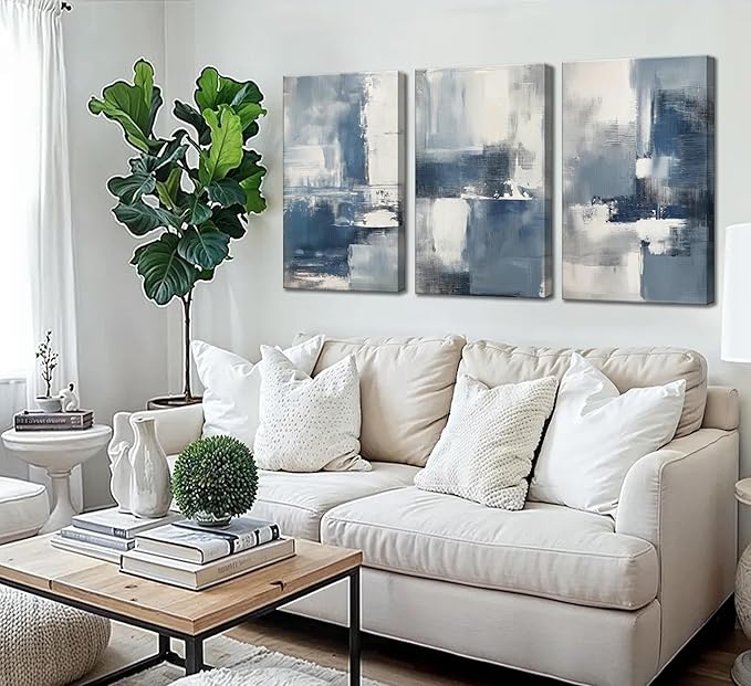 3pcs Navy Blue Abstract Canvas Wall Art Modern Minimalist Neutral Blue White Painting Picture Wall Decor Poster Print Artworks for Living Room Bedroom Office Decoration