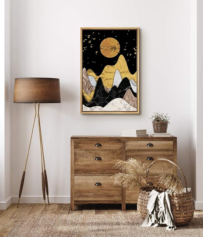 SIGNFORD Framed Canvas Print Wall Art Golden Moon with Birds Above Wavy Mountains Abstract Wilderness Illustrations Modern Art Contemporary Scenic for Living Room, Bedroom, Office - 24"x36" Natural