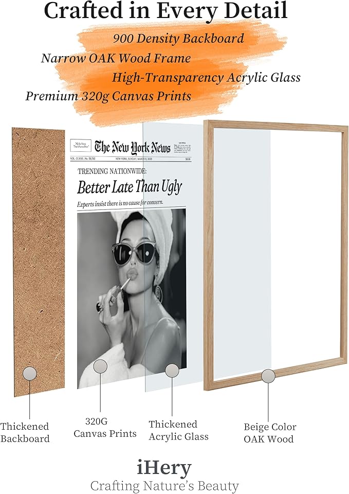 iHery Small Natural OAK Wood Hepburn Newspaper Trendy Bathroom Wall Decor, 8X10in Vintage Framed Wall Art Canvas Art, Funny Artwork, Better Late Than Ugly, Set of 1 Apartment Girly Dorm Room