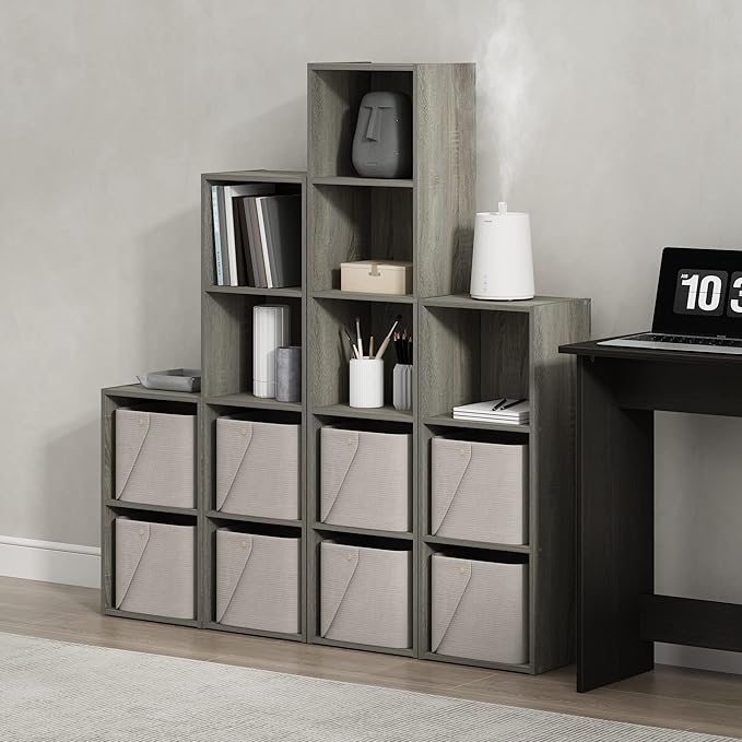 Furinno PASIR Book Shelf, 2-Tier Modern Bookshelf, Open Shelves Cube Bookcase, 9 x 12 x 21, Easy Assembly, Closed Back, for Living Room, Bedroom, Home Office, Grey Oak