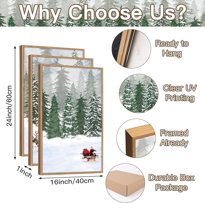 CHDITB Santa Claus Reindeer Sleigh Framed Canvas Wall Art(16"x24"), 3 Panels Christmas Winter Holiday Artwork Prints, Large Rustic Xmas Gift Snow Scene Forest Landscape Decor for Home Office Bedroom