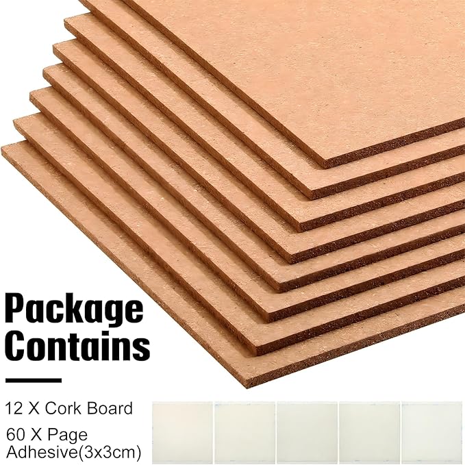 Crtiin 12 Pcs Square Cork Board Tiles 12"x12" 1/4" Thick Bulletin Boards Natural Cork Sheets with Self Adhesive Backing Brown Corkboards for Wall School Office Home DIY Supplies