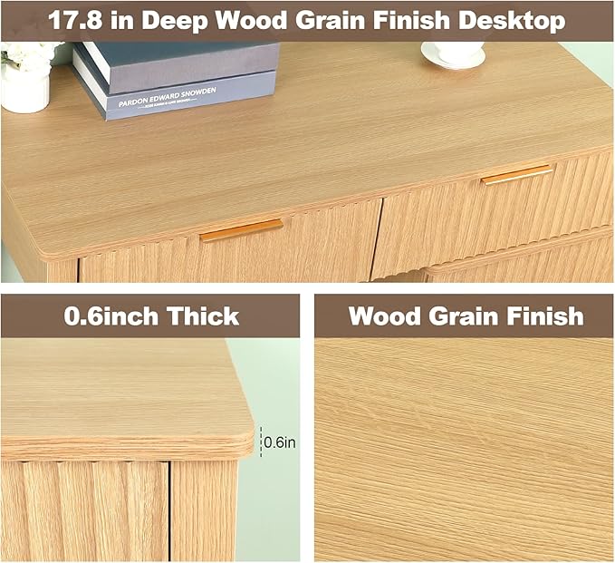 ZYBT 40" Fluted Executive Desk, Modern Wood Home Office Desk with Fluted Drawer & Removable Storage Cabinet and Printer Stand, Farmhouse Computer Writing Table for Work Study, Natural Oak