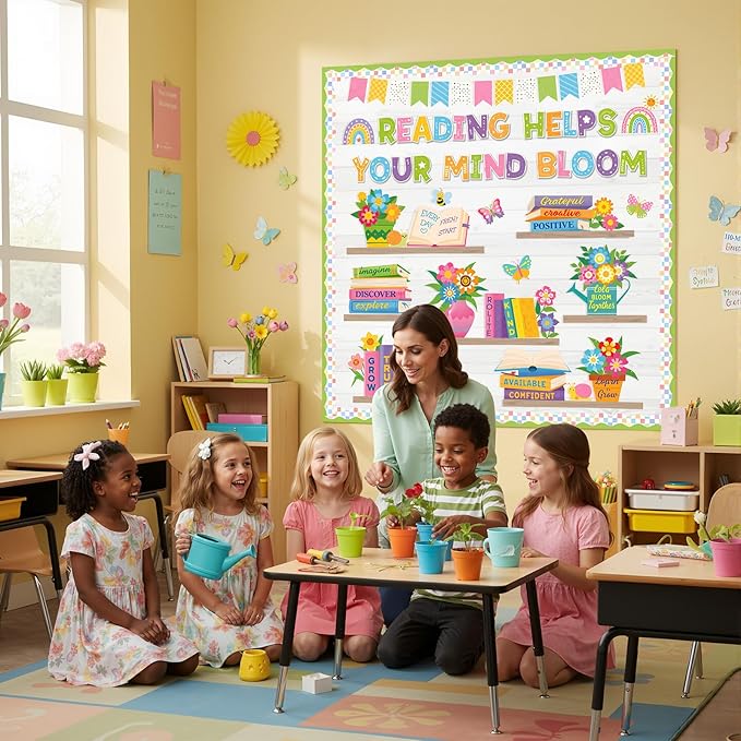 Pasimy Spring Reading Bulletin Board Set, Flower Plant Bookshelf Classroom Decorations Read Themed Paper Cutouts Words of Wisdom Bulletin Board Decor for Elementary School Library Chalkboard Wall
