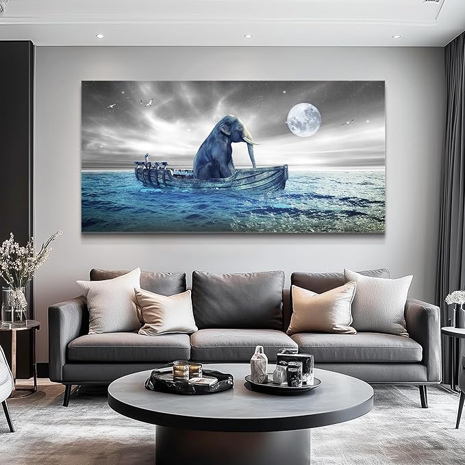 MHARTK66 Abstract Wall Art Large Size Elephant Artwork Wall Decor Stretched Canvas Painting Beach Picture for Living Room Bedroom Office Home Decor Ocean Seascape Poster Ready for Hanging 30"x60"