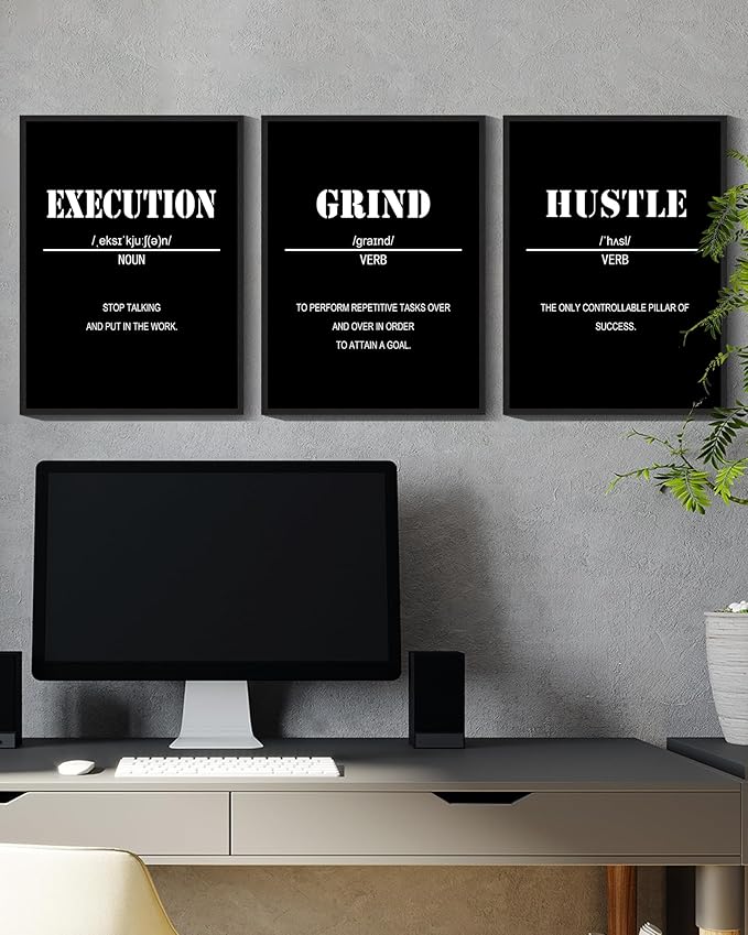 Drsoum Inspirational Office Framed Wall Art Motivational Grind Hustle Success Canvas Wall Decor Encouraging Quotes Sayings Paintings 3 Pieces Artwork Home Bedroom Easy to Hang 11x14in (Black Framed)