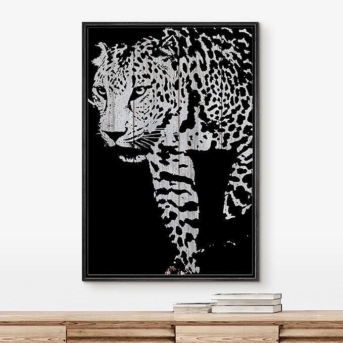 IDEA4WALL Framed Canvas Print Wall Art Grayscale Spotted Leopard on Wood Panels Animals WildLife Illustrations Modern Art Tropical Portrait Dark for Living Room, Bedroom, Office - 24"x36" BLACK