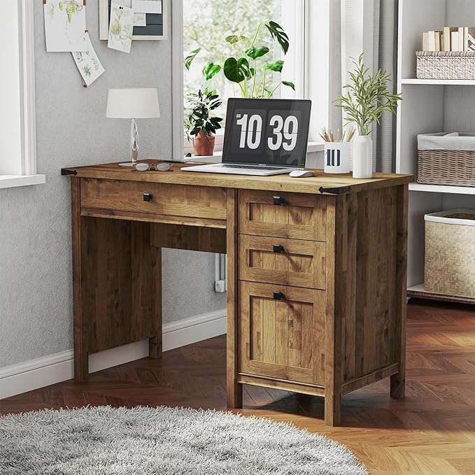 Farmhouse Executive Desk 45 inch Computer Desk with 4 Drawers, Smart Charging Station, Home Office & Study Room Essential for Remote Workers, Professionals & Students.Vintage