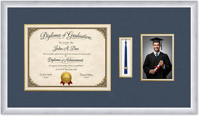 Diploma Tassel and Photo Frame Stainless Silver Shadowbox Navy Blue Over Gold Mat - Fits 13 x 10 Degree Picture Made in the USA