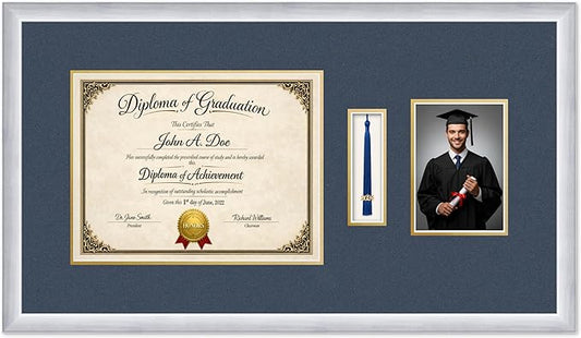 Diploma Tassel and Photo Frame Stainless Silver Shadowbox Navy Blue Over Gold Mat - Fits 13 x 10 Degree Picture Made in the USA
