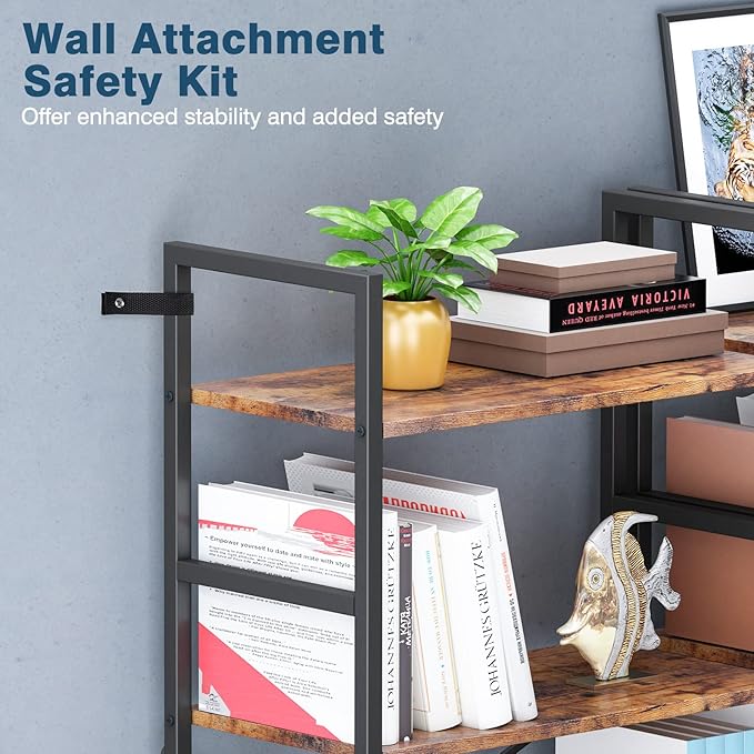 6 Tier Tall Rustic Wood Bookshelf, Metal Frame Standing Bookcase, Open Back Modern Office Bookcases, Industrial Vintage Book Shelf Unit