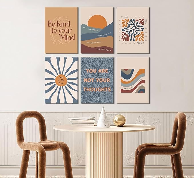 6Pcs Mental Health Wall Art Motivational Psychology Canvas Painting Therapy Office Pictures Wall Decor Boho Style Inspirational Positive Quotes Posters Prints for Home Counseling Office Framed