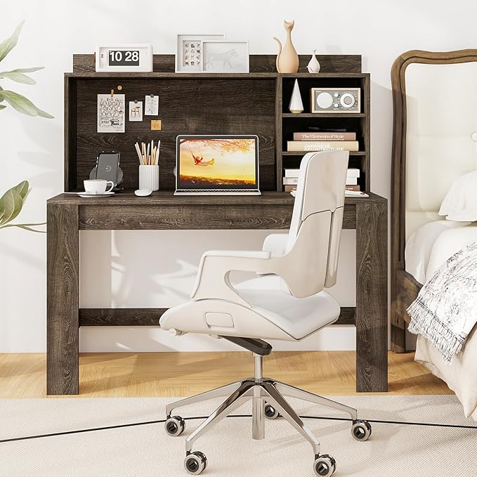 Tangkula Computer Desk with Hutch & Charging Station, Home Office Writing Study Desk with Storage Shelves, Cable Management Hole, Laptop Desk, Desk for Bedroom, Computer Workstation (Gray Oak)