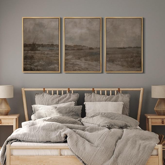 MUDECOR Framed Wall Art Print Set Vintage Neutral Countryside Landscape Rustic Field Path and Distant Trees Illustrations Modern Art Decorative for Living Room, Bedroom, Office - 16"x24"x3 NATURAL