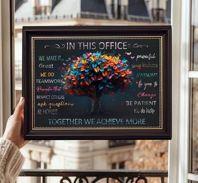 Dark Brown Frame Office Inspirational Tree Of Life Canvas Wall Art Teamwork Positive Energy Picture Wall Decor Team Rules Inspiring Poster Print Painting for Living Room Bedroom Man Cave Decoration