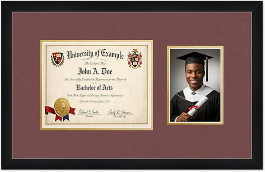 CountryArtHouse Fits 10 x 8 Professional License and 5 x 7 Photo Diploma and Photo Frame Matte Black Genuine Hardwood with Dark Red Over Metallic Gold Double mat