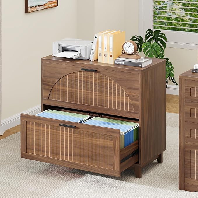 Lateral File Cabinet 2 Drawer File Cabinet with Charging Station for Legal/Letter/A4 Size Hanging Files, Large Modern Fluted File Storage Cabinets Printer Stand for Home Office, Walnut